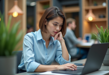Jeune femme au bureau regardant un tableau digital