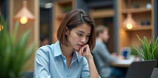 Jeune femme au bureau regardant un tableau digital