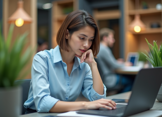 Jeune femme au bureau regardant un tableau digital