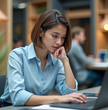Impact du cloud computing sur l’environnement : avantages et inconvénients Jeune femme au bureau regardant un tableau digital