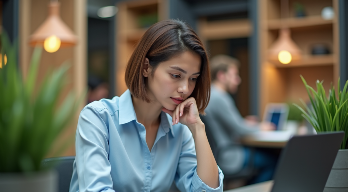 Jeune femme au bureau regardant un tableau digital