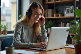 Jeune femme au bureau à domicile avec ordinateur portable