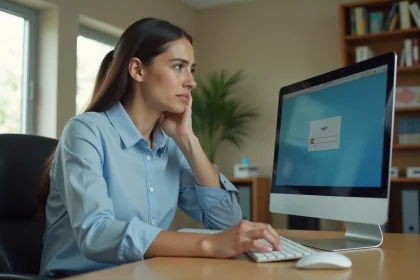 Femme assise à son bureau face à un écran d'ordinateur affichant une erreur de connexion à la messagerie académique