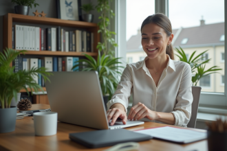 Femme au bureau à domicile travaillant sur son ordinateur