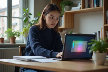 Jeune femme au bureau avec notification sur son laptop