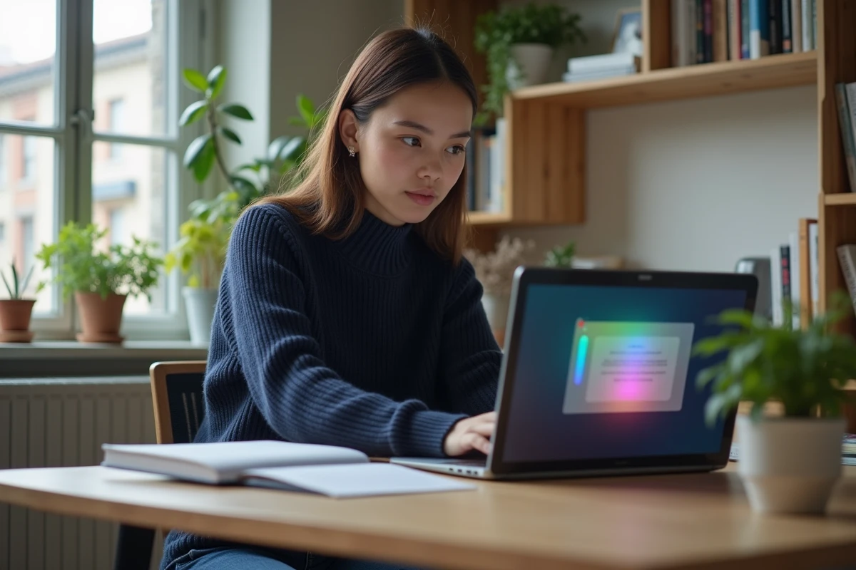 Jeune femme au bureau avec notification sur son laptop
