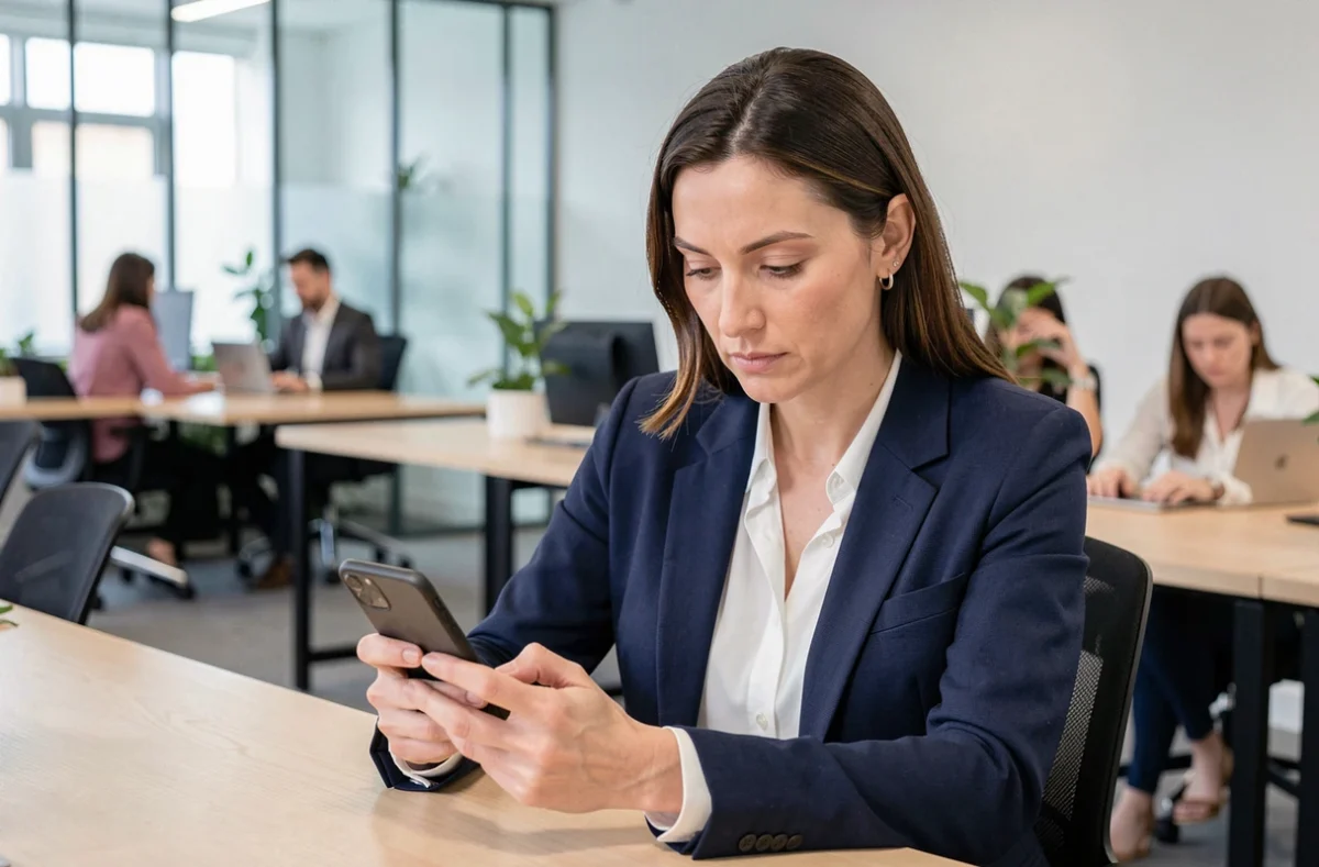 Femme professionnelle consultant sa messagerie sécurisée Melanie2 sur smartphone dans un bureau moderne
