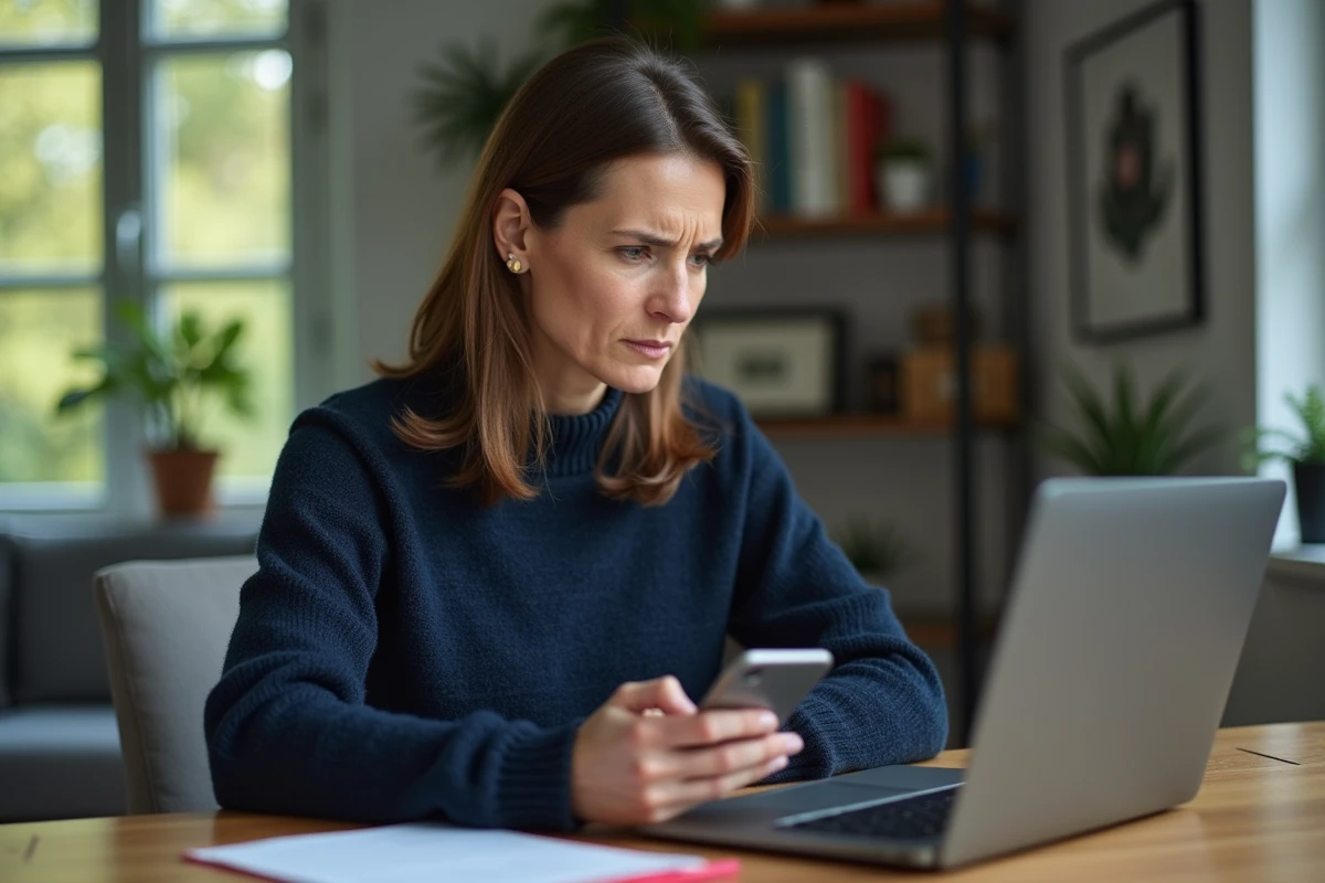 Femme d'âge moyen dans un bureau moderne consulte son ordinateur