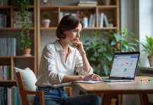 Femme au bureau regardant son ordinateur portable