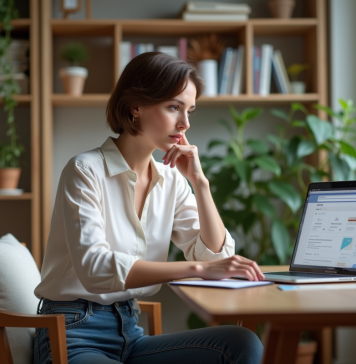 Femme au bureau regardant son ordinateur portable