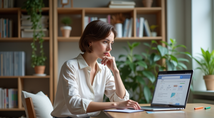 Femme au bureau regardant son ordinateur portable