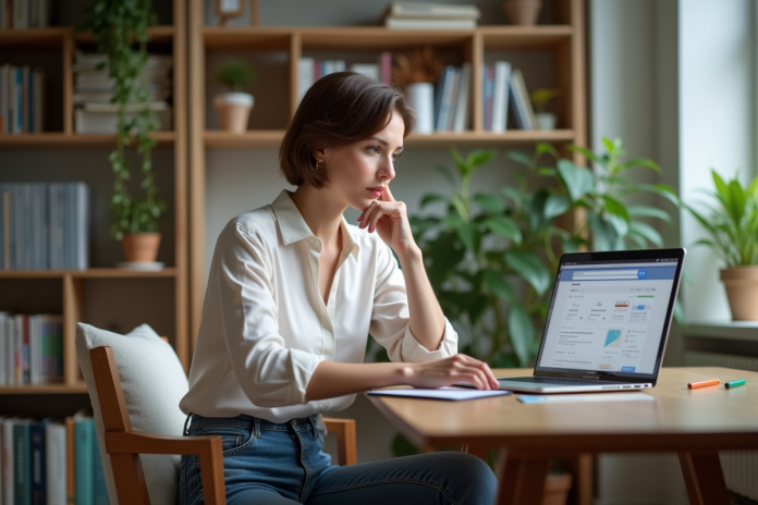 Femme au bureau regardant son ordinateur portable