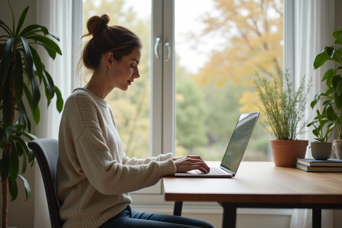 femme-bureau-ordinateur-2 Femme en bureau moderne organisant ses dossiers numériques