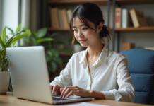 Créer un espace insécable : astuces pour optimiser la typographie web Jeune femme travaillant sur un ordinateur dans un bureau moderne