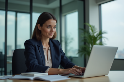 Femme professionnelle travaillant sur un ordinateur dans un bureau moderne