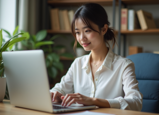 Jeune femme travaillant sur un ordinateur dans un bureau moderne