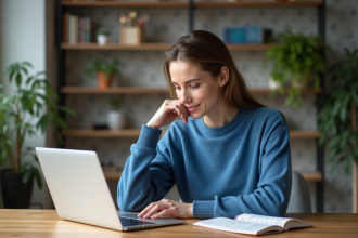 Femme concentrée sur son ordinateur dans un bureau organisé