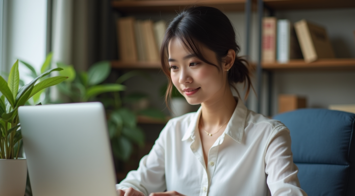 Jeune femme travaillant sur un ordinateur dans un bureau moderne