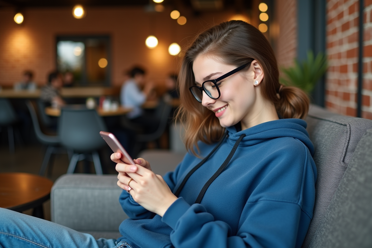 Jeune femme lisant sur son smartphone dans un café