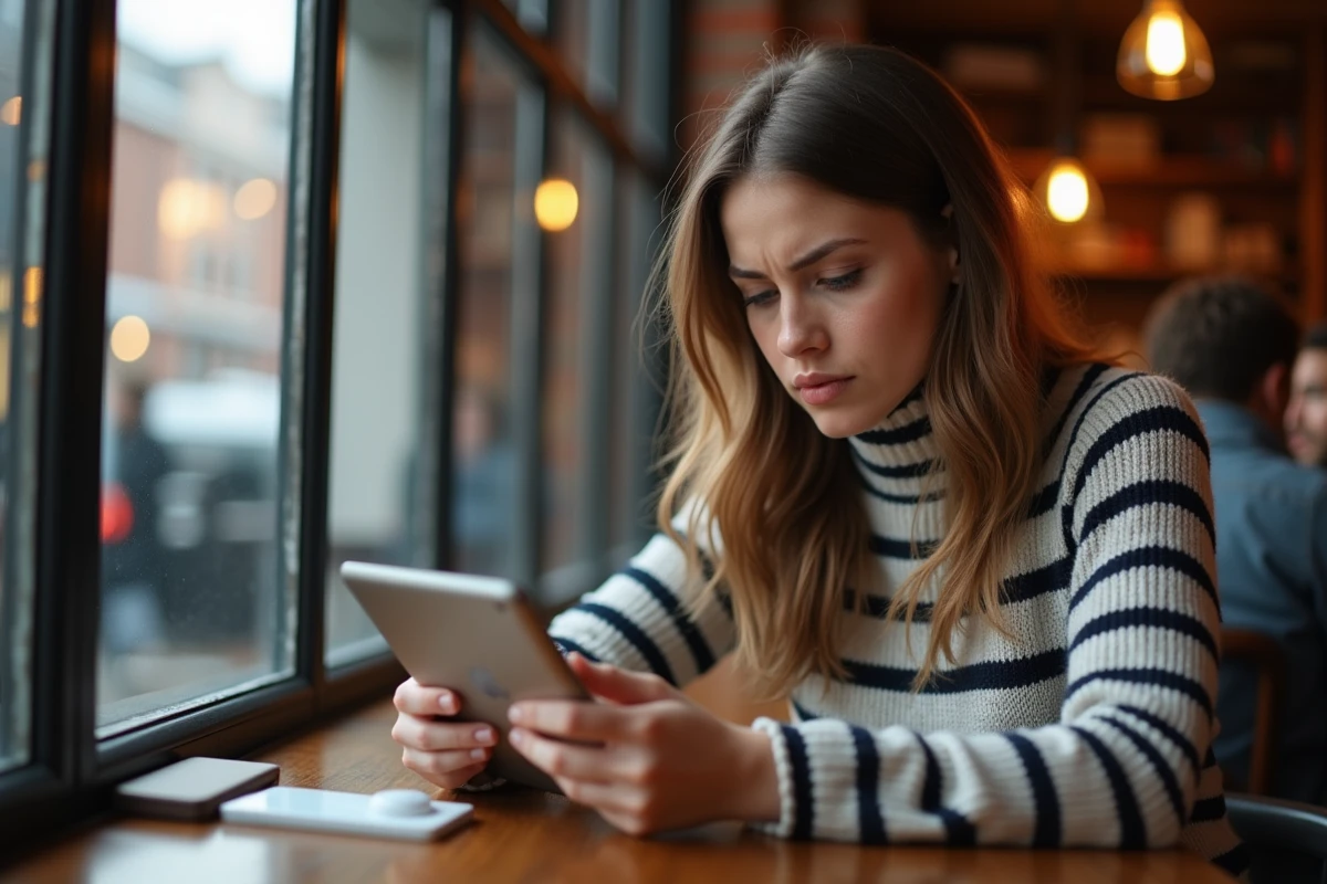 Jeune femme au café regardant un PDF corrompu sur sa tablette