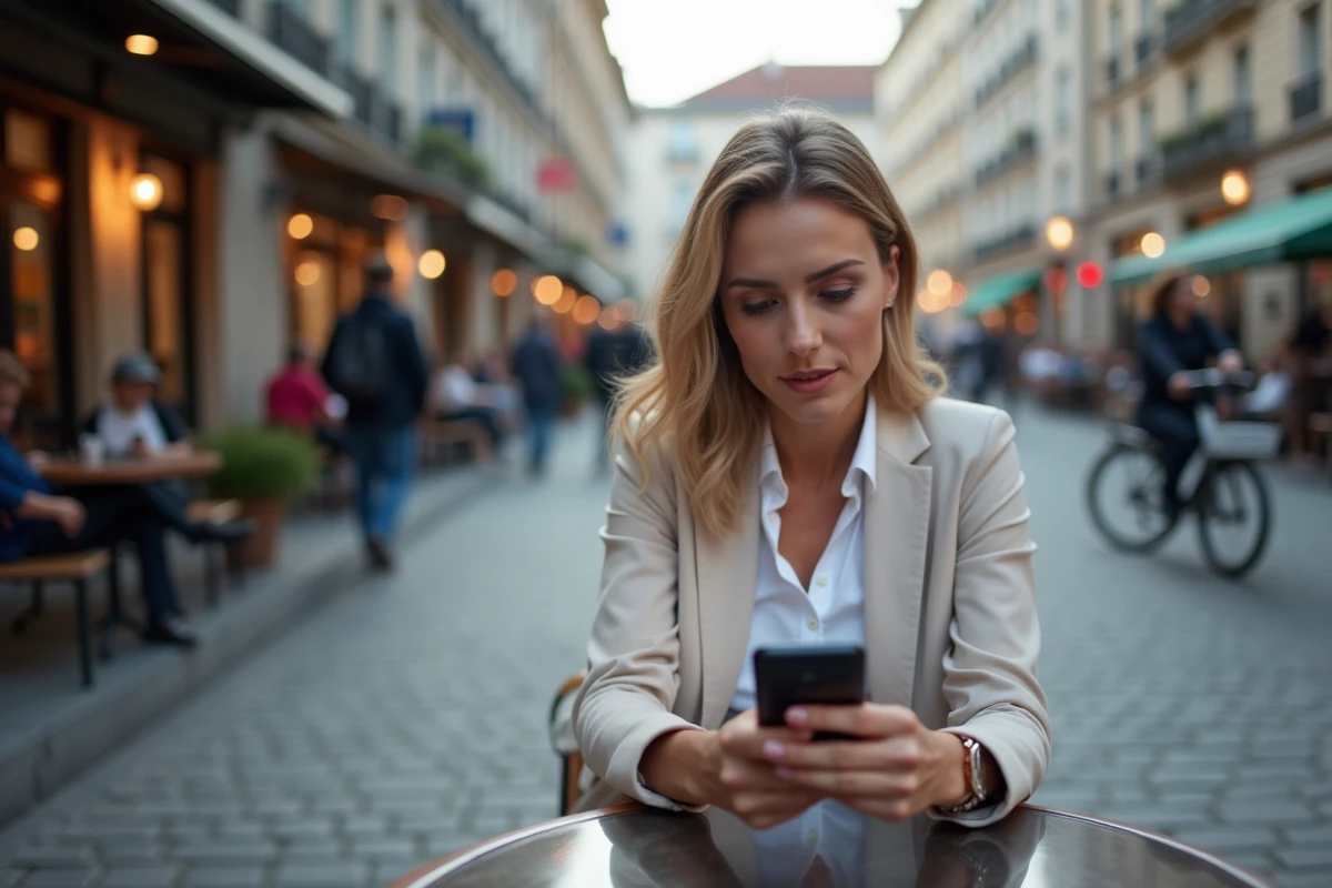 Femme en terrasse de café lisant un article sur son smartphone
