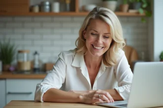 Femme souriante travaillant sur son ordinateur à la maison