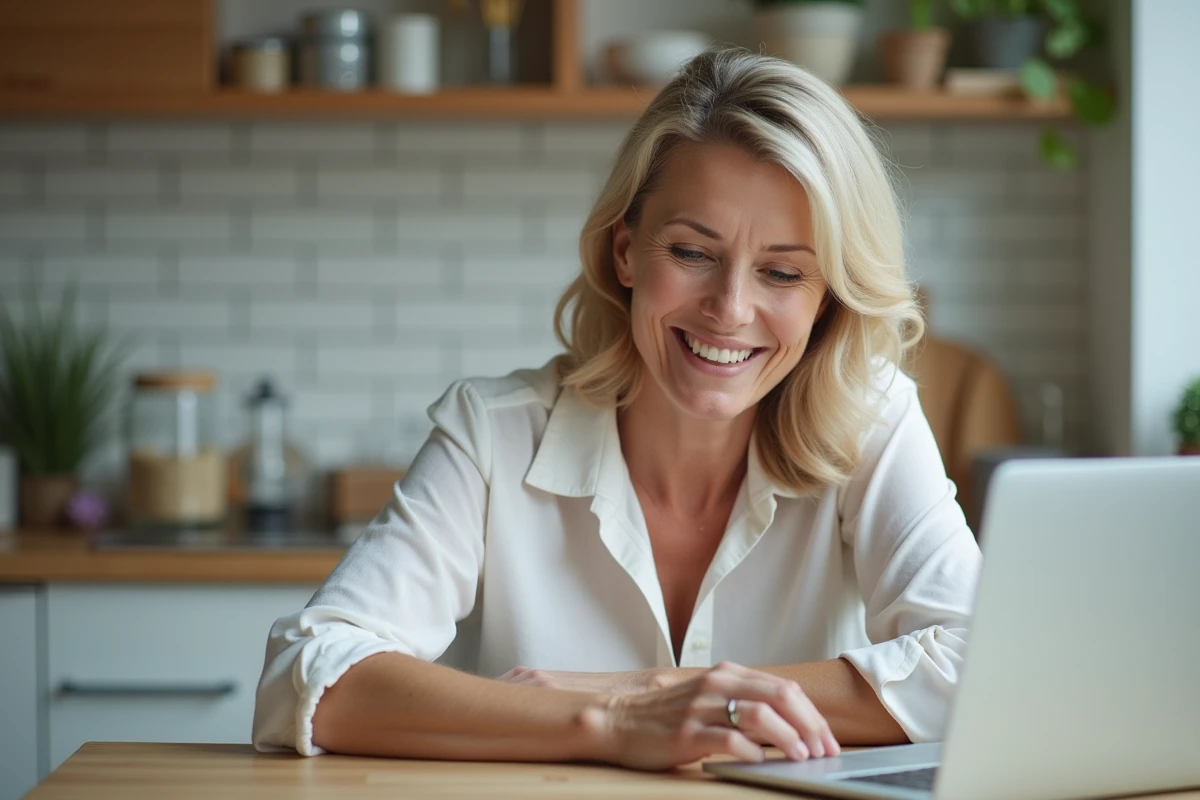 Femme souriante travaillant sur son ordinateur à la maison