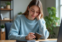 Stockage ordinateur : quel est le meilleur choix pour vos données ? Femme en sweater bleu compare disque dur et clé USB