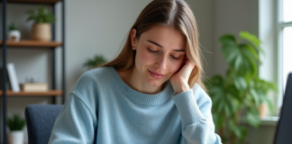 Stockage ordinateur : quel est le meilleur choix pour vos données ? Femme en sweater bleu compare disque dur et clé USB