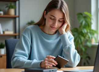 Stockage ordinateur : quel est le meilleur choix pour vos données ? Femme en sweater bleu compare disque dur et clé USB