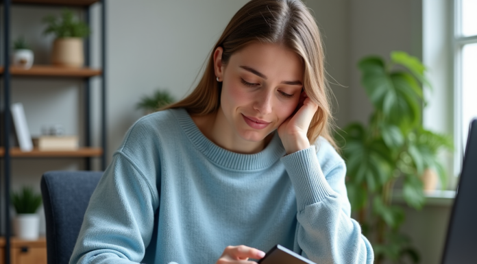 Stockage ordinateur : quel est le meilleur choix pour vos données ? Femme en sweater bleu compare disque dur et clé USB