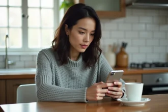 Femme consultant son compte Réglo Mobile sur smartphone depuis sa cuisine