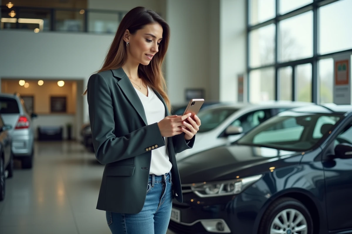 Femme vérifiant une annonce voiture sur smartphone en concession