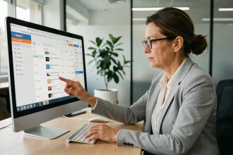 Femme professionnelle consultant ses anciens mails archivés sur un webmail depuis son bureau moderne