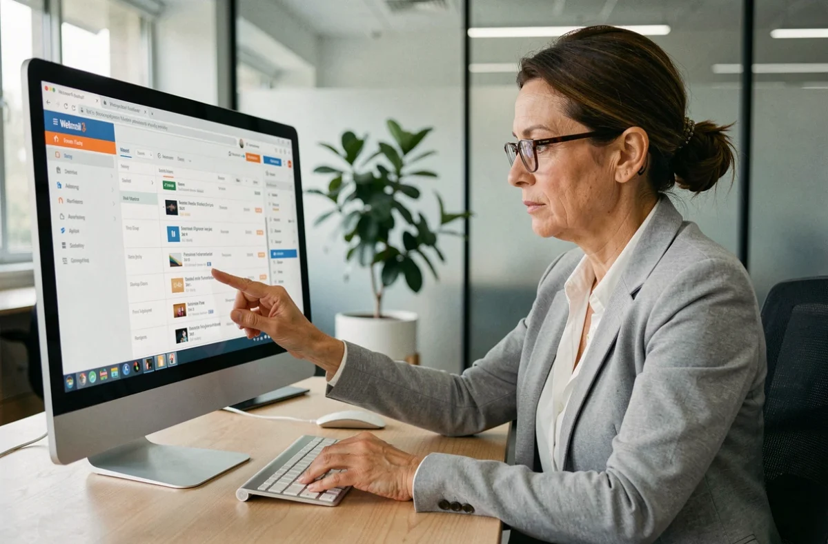 Femme professionnelle consultant ses anciens mails archivés sur un webmail depuis son bureau moderne