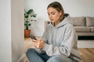 Jeune femme utilisant une application de conversion YouTube en MP3 sur son smartphone dans un appartement moderne