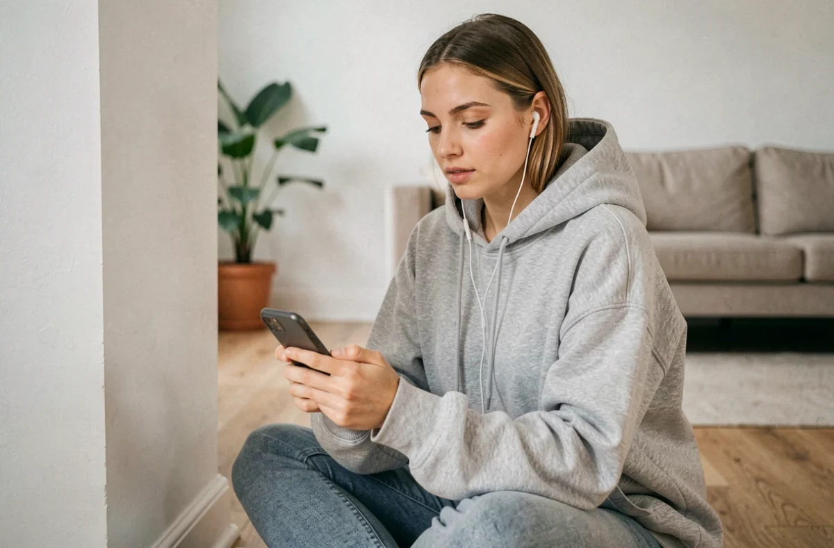 Jeune femme utilisant une application de conversion YouTube en MP3 sur son smartphone dans un appartement moderne
