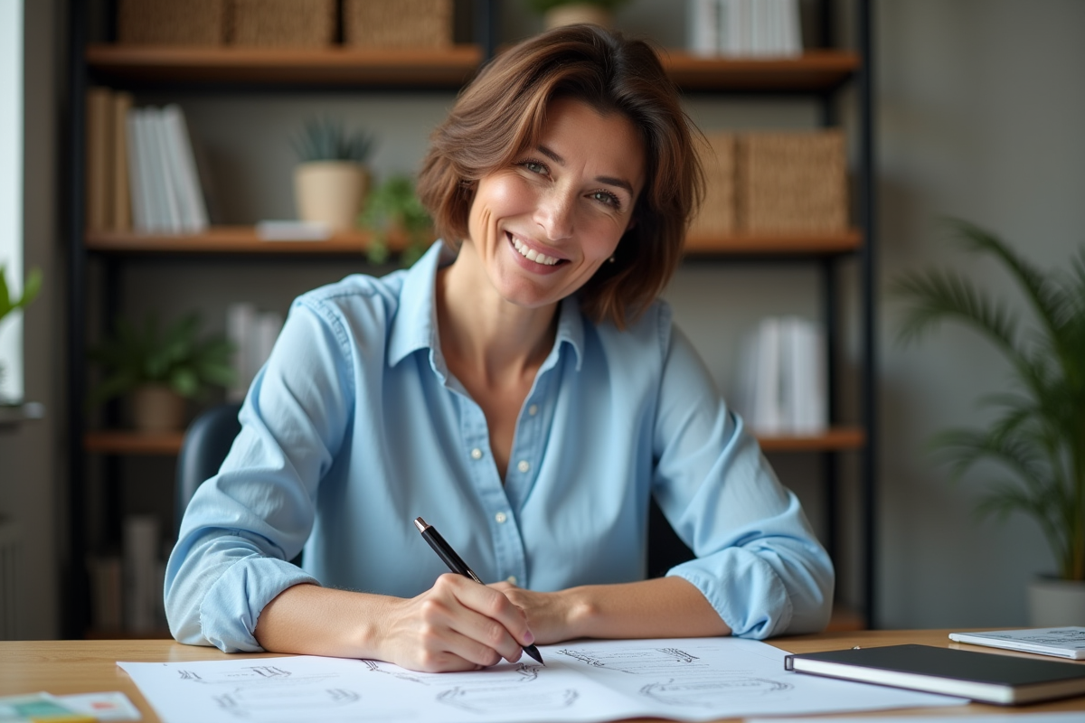 Femme d'âge moyen ajoutant des bordures élégantes à un document