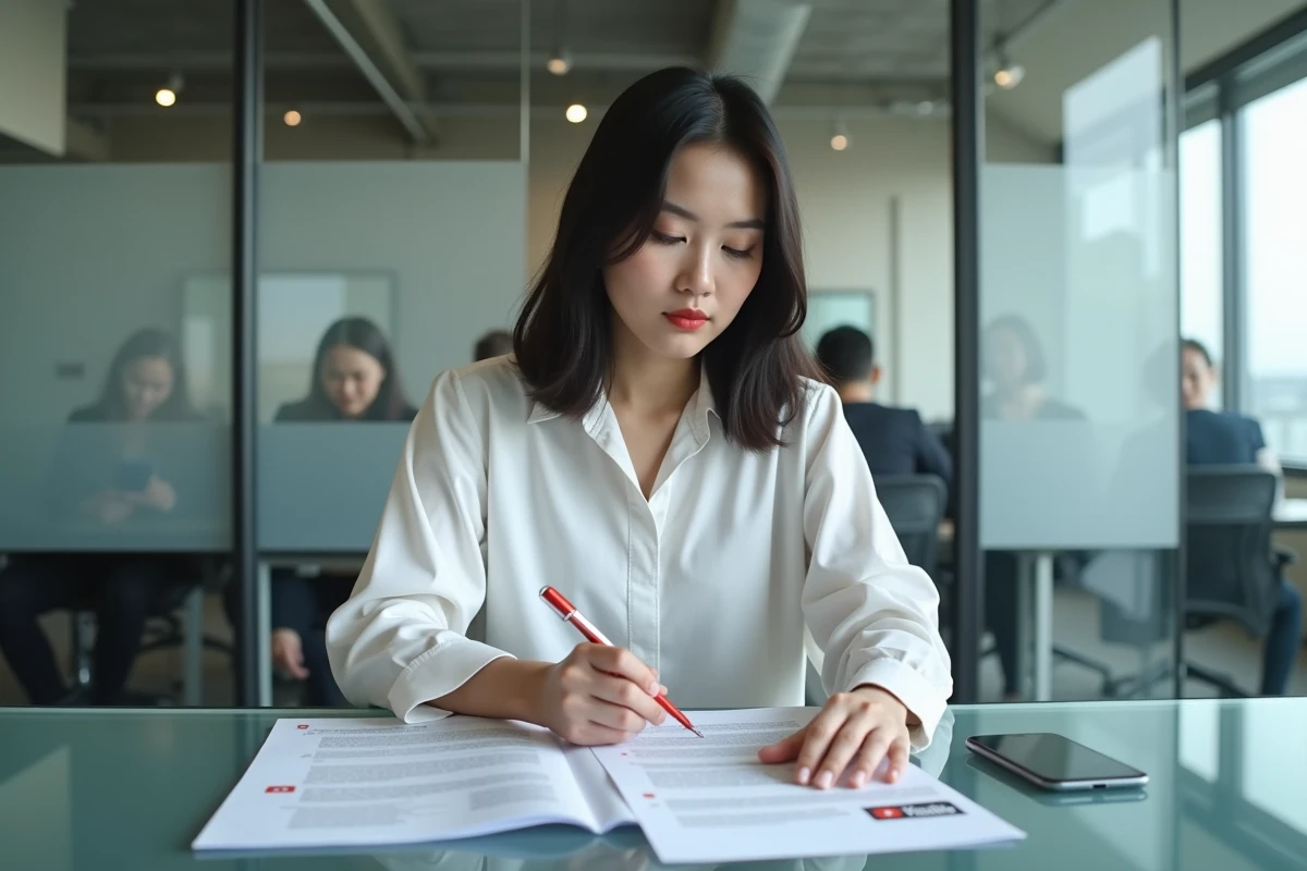Femme analysant des documents juridiques sur les droits d'auteur numériques liés aux convertisseurs YouTube dans un espace de coworking