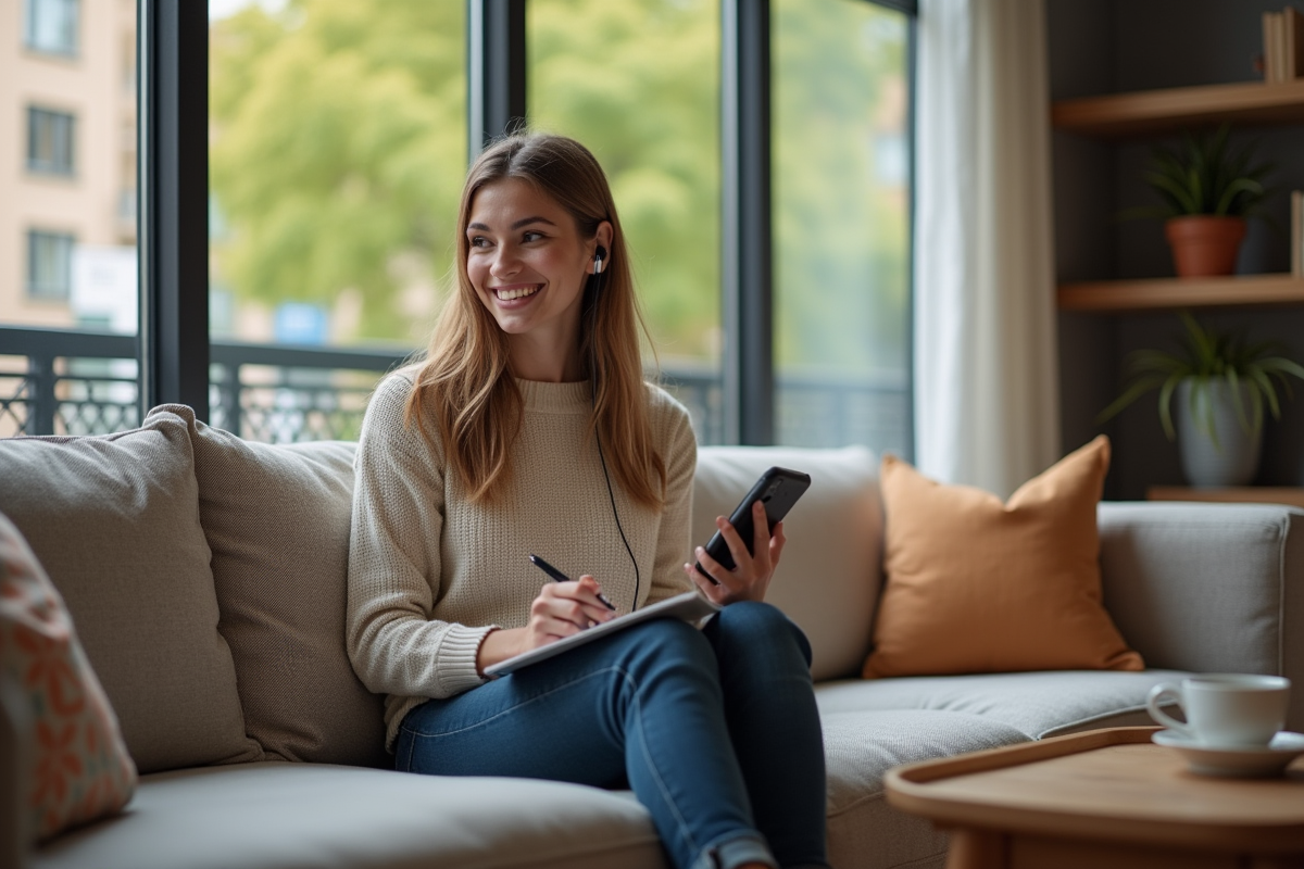 Femme souriante écoute un podcast dans un salon cosy