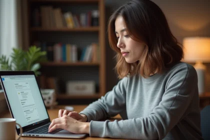 Femme effaçant son historique Google sur un ordinateur portable dans un bureau à domicile