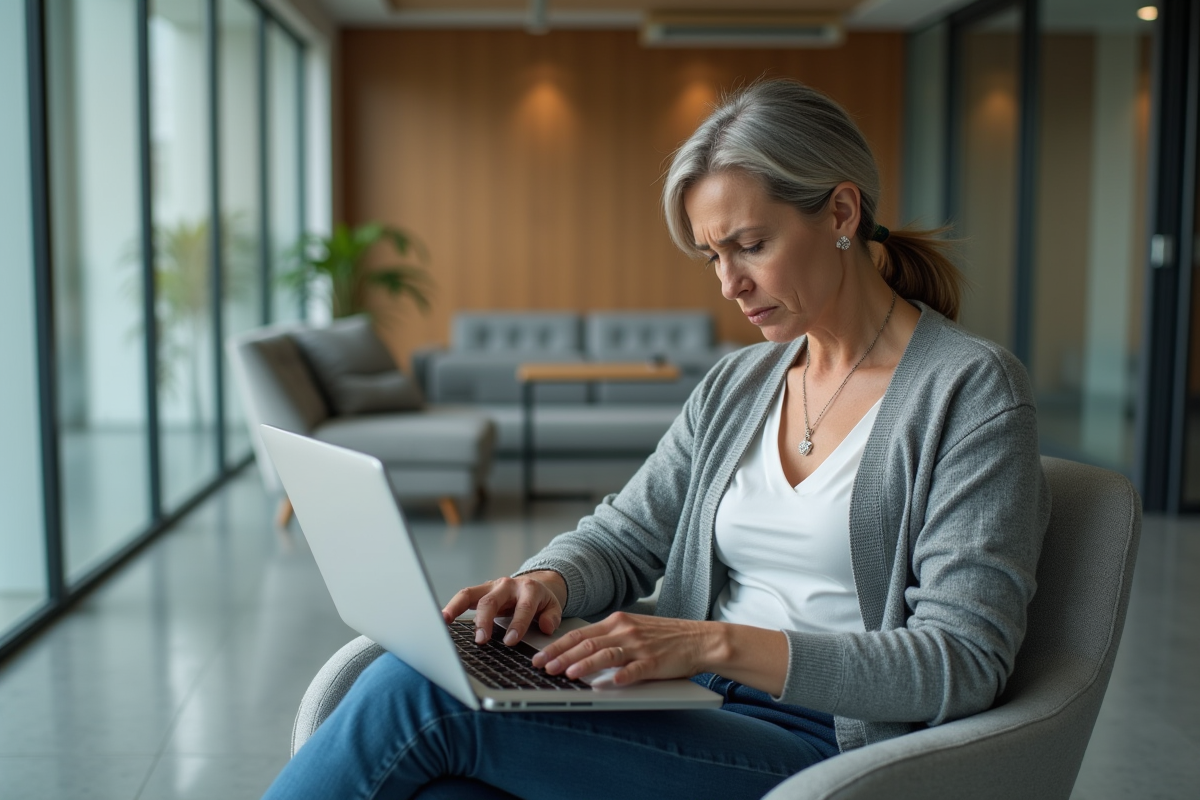 Femme frustrée utilisant un ordinateur dans un lobby moderne