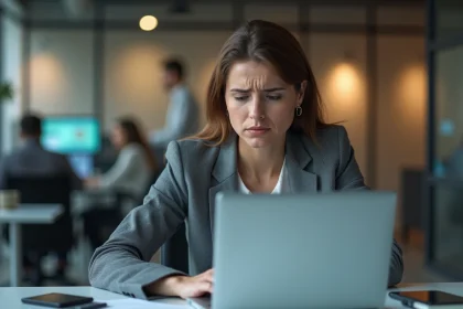 Femme frustrée devant son ordinateur portable avec une page d'erreur lors de l'accès à l'intranet Normandie
