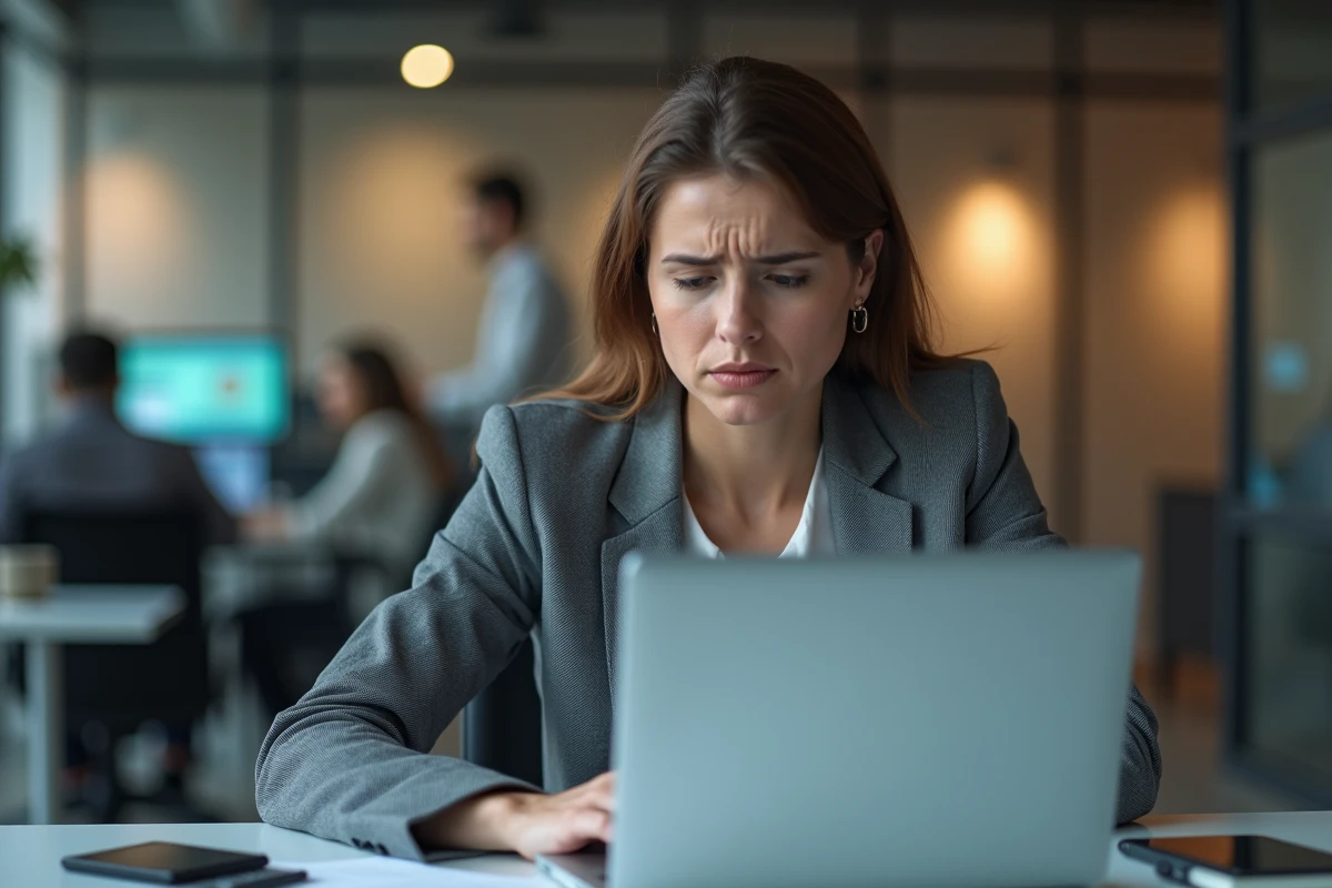 Femme frustrée devant son ordinateur portable avec une page d'erreur lors de l'accès à l'intranet Normandie