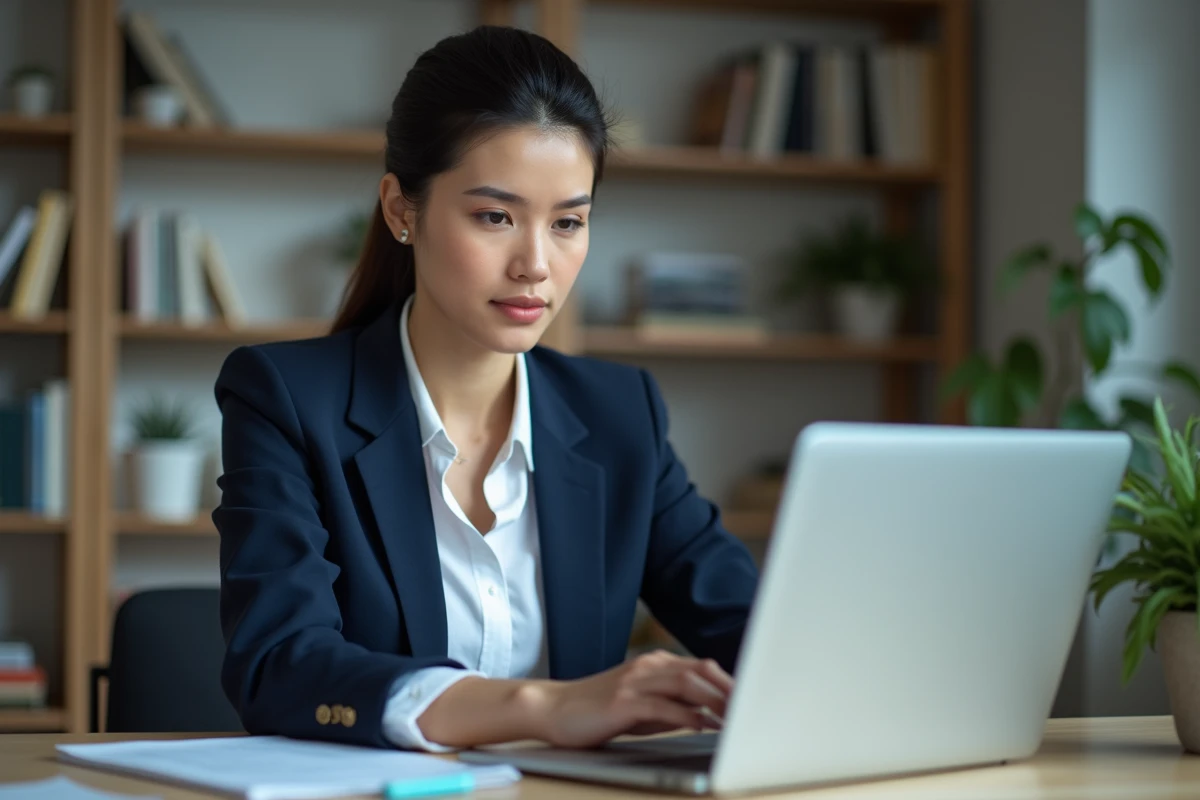 Femme concentrée consultant un guide de sécurité numérique sur son ordinateur portable dans un bureau à domicile moderne
