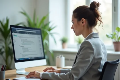 Femme utilisant une interface de messagerie web Melanie sur un ordinateur de bureau dans un bureau moderne