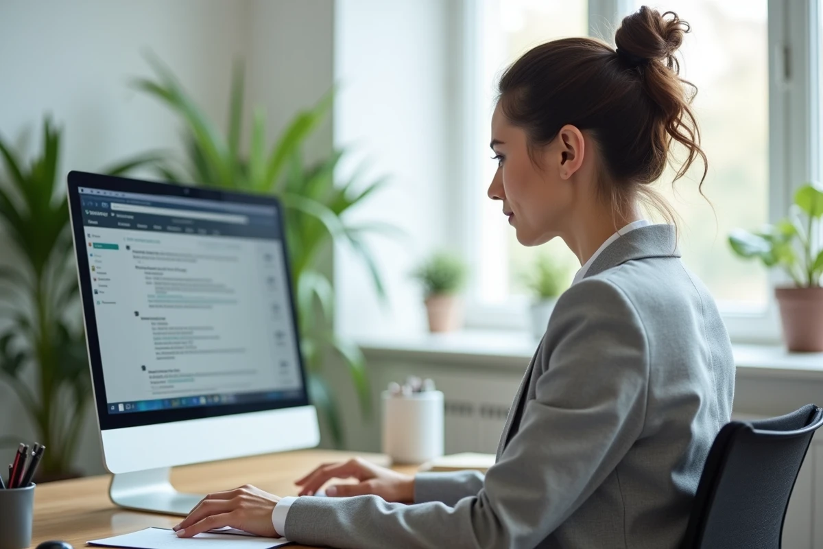 Femme utilisant une interface de messagerie web Melanie sur un ordinateur de bureau dans un bureau moderne
