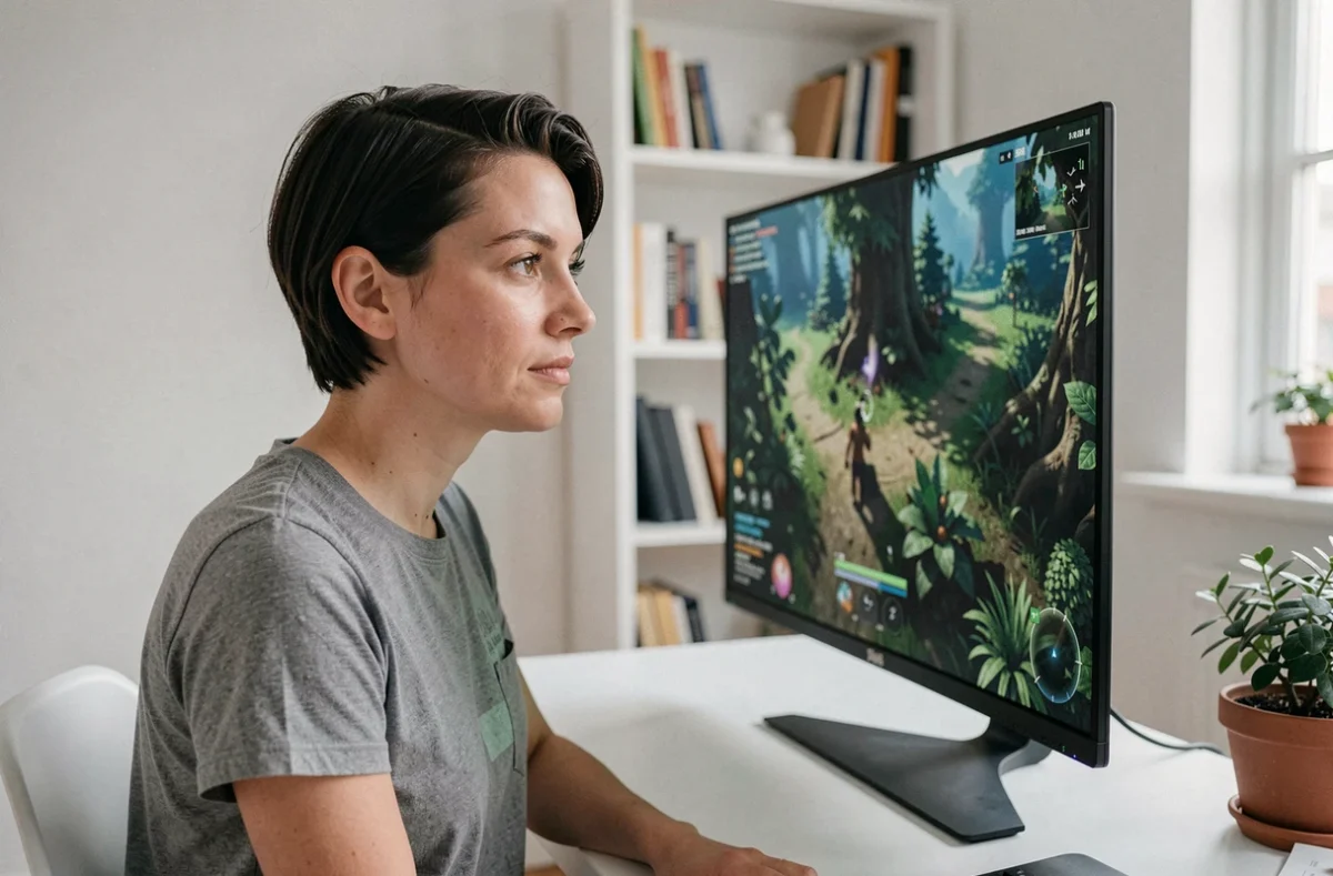 Femme concentrée devant un moniteur OLED 27 pouces avec rendu visuel immersif dans un espace de travail épuré
