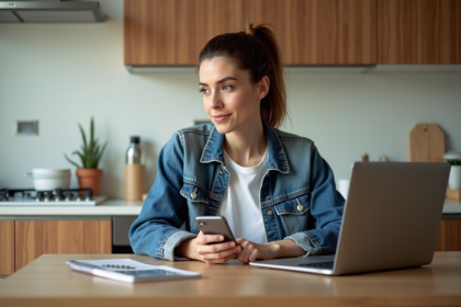 Femme en denim dans une cuisine moderne avec smartphone