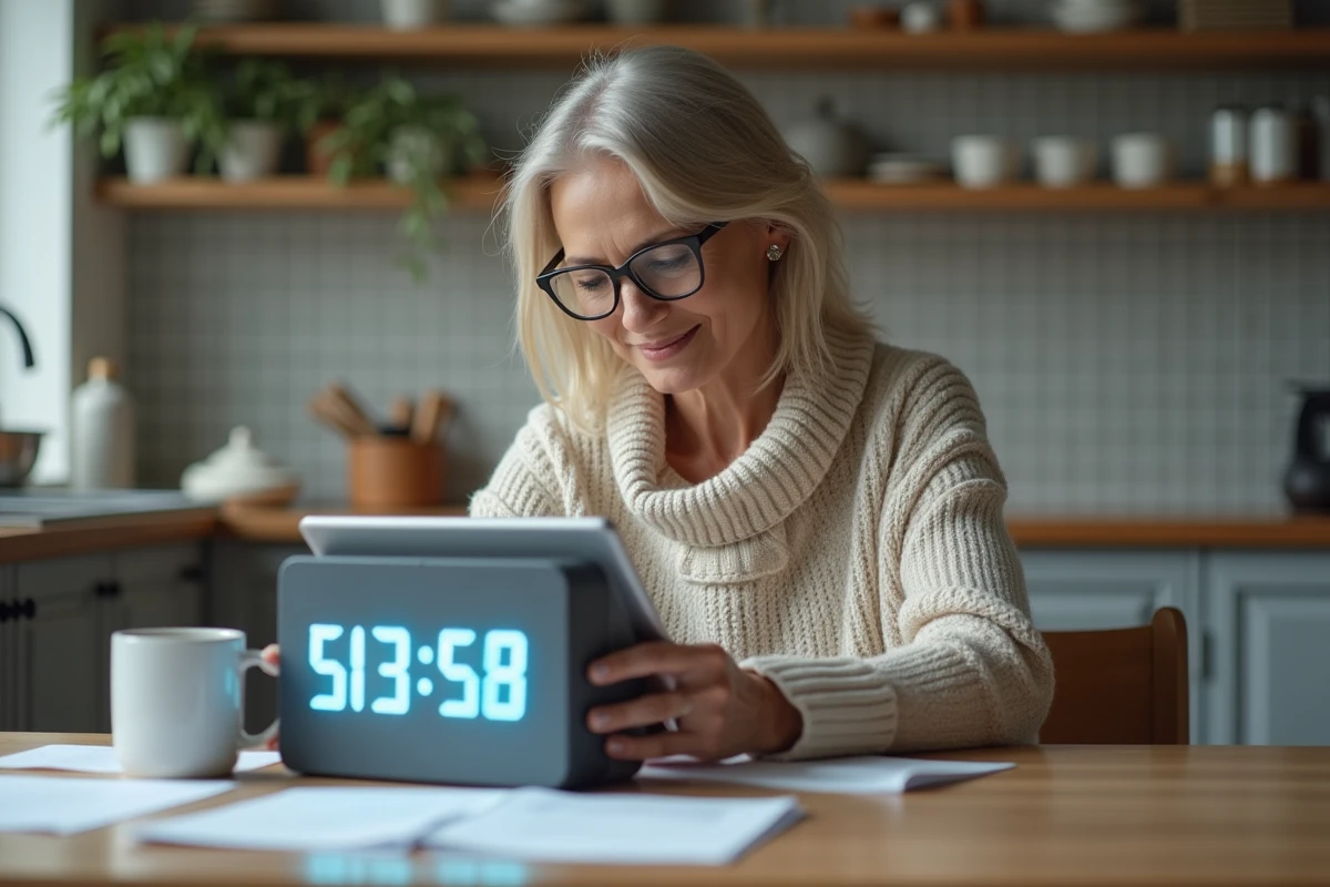 Femme lisant un tablette face à un appareil défectueux en cuisine